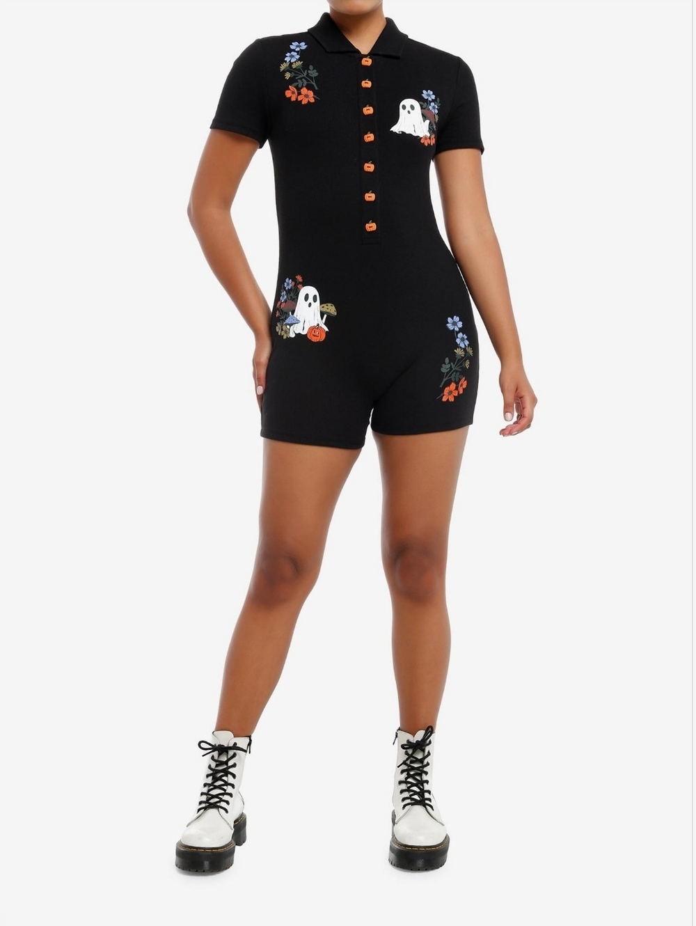 Hot Topic Thorn & Fable Ghosts Pumpkins Flowers Black Ribbed Polo Romper